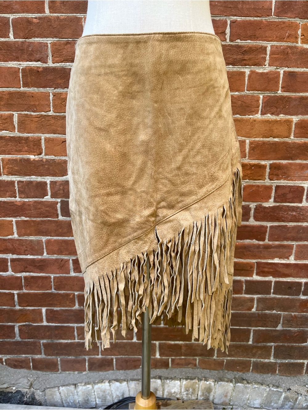 Le Chateau Tan Asymmetrical Suede Fringe Skirt